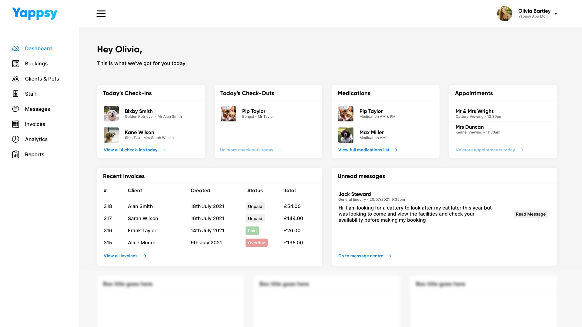 Example business dashboard on the Yappsy platform